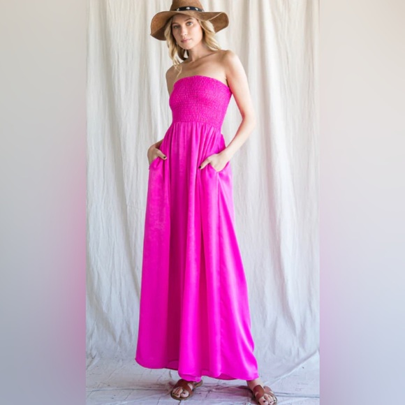 Smocked Fuchsia Jumpsuit with Pockets - Picture 3 of 6